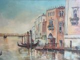 a painting of a gondola on the water with buildings in the background