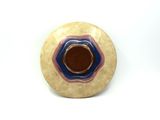 a plate with a brown and blue design on it