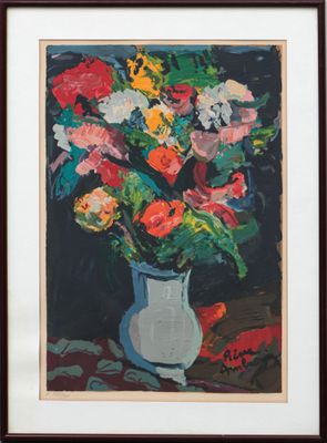 une peinture de fleurs dans un vase sur une table