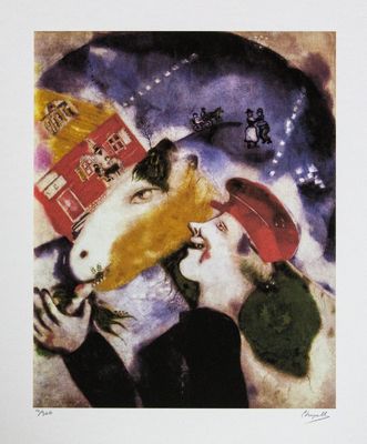 painting of a man and a woman with a dog in front of a barn