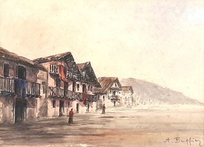 a watercolor painting of a street scene with a person walking on the sidewalk