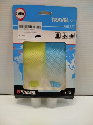 packaging of a travel set with a yellow and blue case
