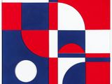 an abstract painting with red, white, and blue shapes