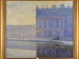 an image of a painting of a building with a boat in front of it