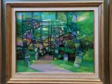 an oil painting of a path in a park with trees in the background
