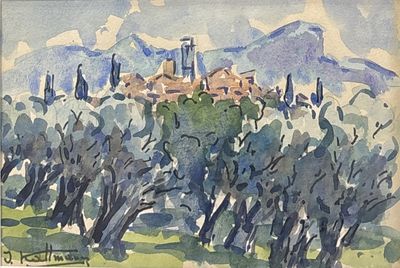 peinture représentant une aquarelle d'un château entouré d'arbres