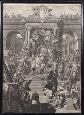 un vieux dessin en noir et blanc représentant une foule de personnes dans un bâtiment