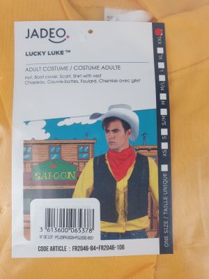 a label on a yellow shirt that says jadeo lucky luke