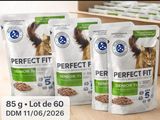 three bags of perfect fit cat food sitting on a table