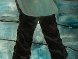 a painting of a man walking in the rain with an umbrella
