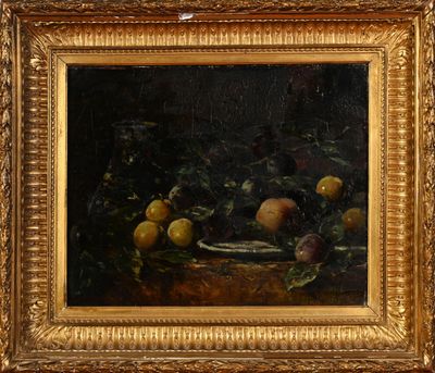 une peinture à l'huile représentant un bol de fruits posé sur une table