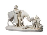 statue représentant un homme avec un cheval et un chien, posée sur un fond blanc