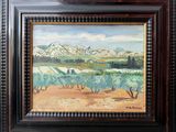 une peinture à l'huile d'un paysage avec des montagnes en arrière-plan