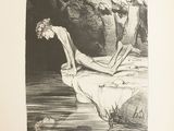 un dessin en noir et blanc représentant un homme allongé sur un lit