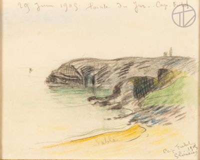 drawing of a drawing of a cliff and a body of water