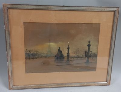 framed picture of a painting of a street scene with a couple sitting on a bench in the foreground