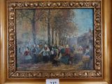 a painting of a group of people in a park