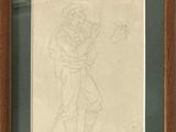 dessin représentant un homme avec un chapeau et une canne, dans un cadre en bois