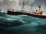 a painting of a ship in the middle of a large body of water
