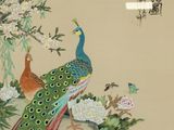 a painting of two peacocks sitting on a branch of a tree
