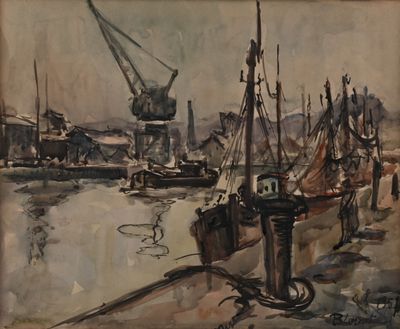 a painting of a harbor scene with boats in the water