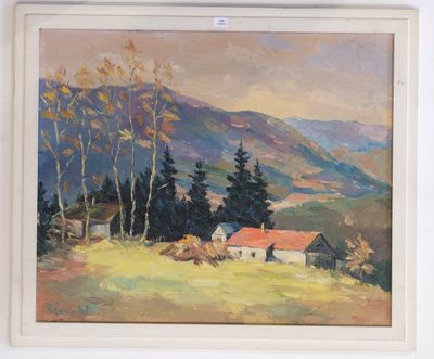 an oil painting of a house on a hill with trees and mountains in the background