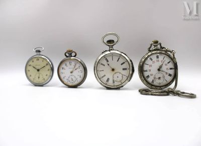 several different types of pocket watches are displayed on a white surface