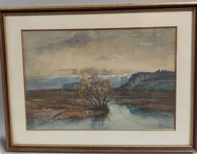 une image représentant un tableau où l'on voit une rivière avec un arbre au premier plan