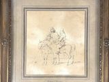an old drawing of a man riding a horse with a woman on it