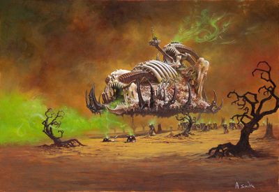 an image of a painting of a skeleton riding on top of a horse