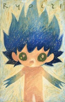 painting of a little boy with blue hair and green eyes