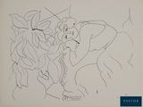 drawing of a man and a woman with a horse in the background