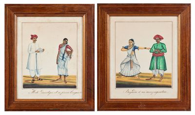 paire d'aquarelles indiennes du XIXe siècle représentant des hommes et des femmes