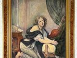 painting of a woman sitting on a chair in front of a window