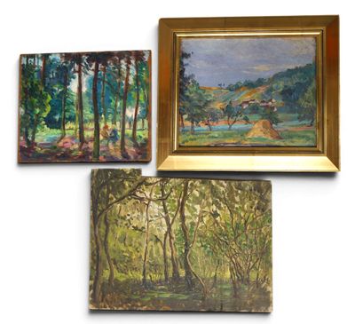 three paintings of trees and a path in a wooded area