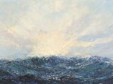 une peinture à l'huile représentant une vaste étendue d'eau avec le soleil en arrière-plan