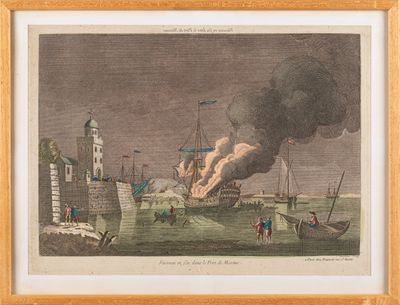 an old picture of a ship on fire in the water