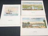 three postcards with a picture of a ship and a boat in the water