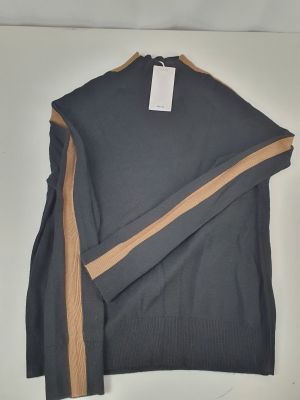 the sweater has a brown stripe on the side and a black sweater with a tan stripe on the side