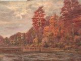 painting of a landscape with trees and a lake in the foreground