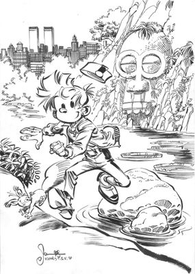 un dessin à l'encre représentant un garçon tenant une batte de baseball à la main