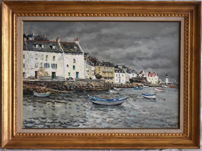 a painting of a harbor scene with boats on the water