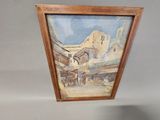 framed picture of a painting of a building with a clock on it