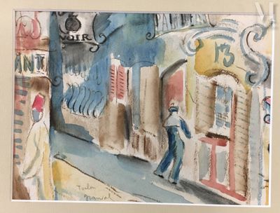 une aquarelle représentant un homme marchant dans la rue