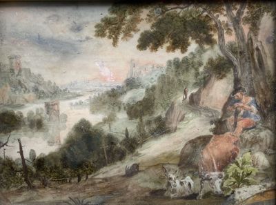 a picture of a painting of a man and a dog on a hill