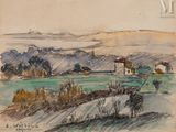 dessin représentant un paysage avec une ferme et une maison au loin
