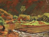 tableau représentant une rivière traversant une forêt verdoyante et luxuriante, peuplée d'arbres