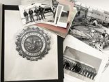 several black and white photos of a group of men standing in front of a plane