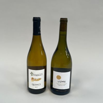 deux bouteilles de vin posées l'une à côté de l'autre sur une surface blanche