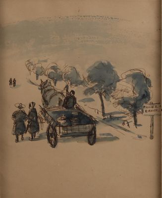 dessin représentant un groupe de personnes dans une calèche